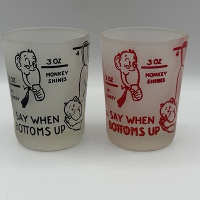 Hazel Atlas Barware SAY WHEN BOTTOMS UP 2 Shot Glass Playful Monkeys Theme 1950s