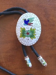 Vintage Enamel Gold  Silver Threaded Inlay Bird Flower Bolo Tie Asian