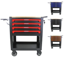 4 Drawers Rolling Tool Box Cart Tool Storage Cabinet Steel Tool Chest Wooden Top