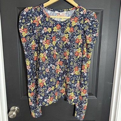 LOFT Women's Navy Blue Floral Print Top Long Sleeves Stretch Size Small