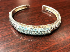 Sterling Silver Hinged Cuff Bracelet 7" with Light Blue Stones 25.1 Grams