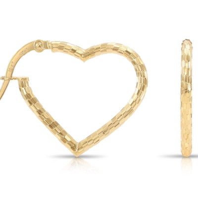 10K Real Solid Yellow Gold Diamond-Cut Heart Shaped Italian Hoops Earrings 22MM