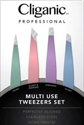 CLIGANIC 4-Piece Professional Tweezers Set with Case | Stainless Steel | Best Precision