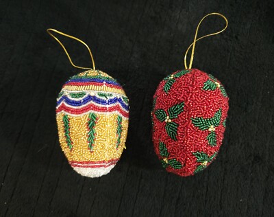 EASTER HAND BEADED 2 SET EGG ORNAMENTS 4'' NEW CONDITION RED GREEN GOLD BLUE 