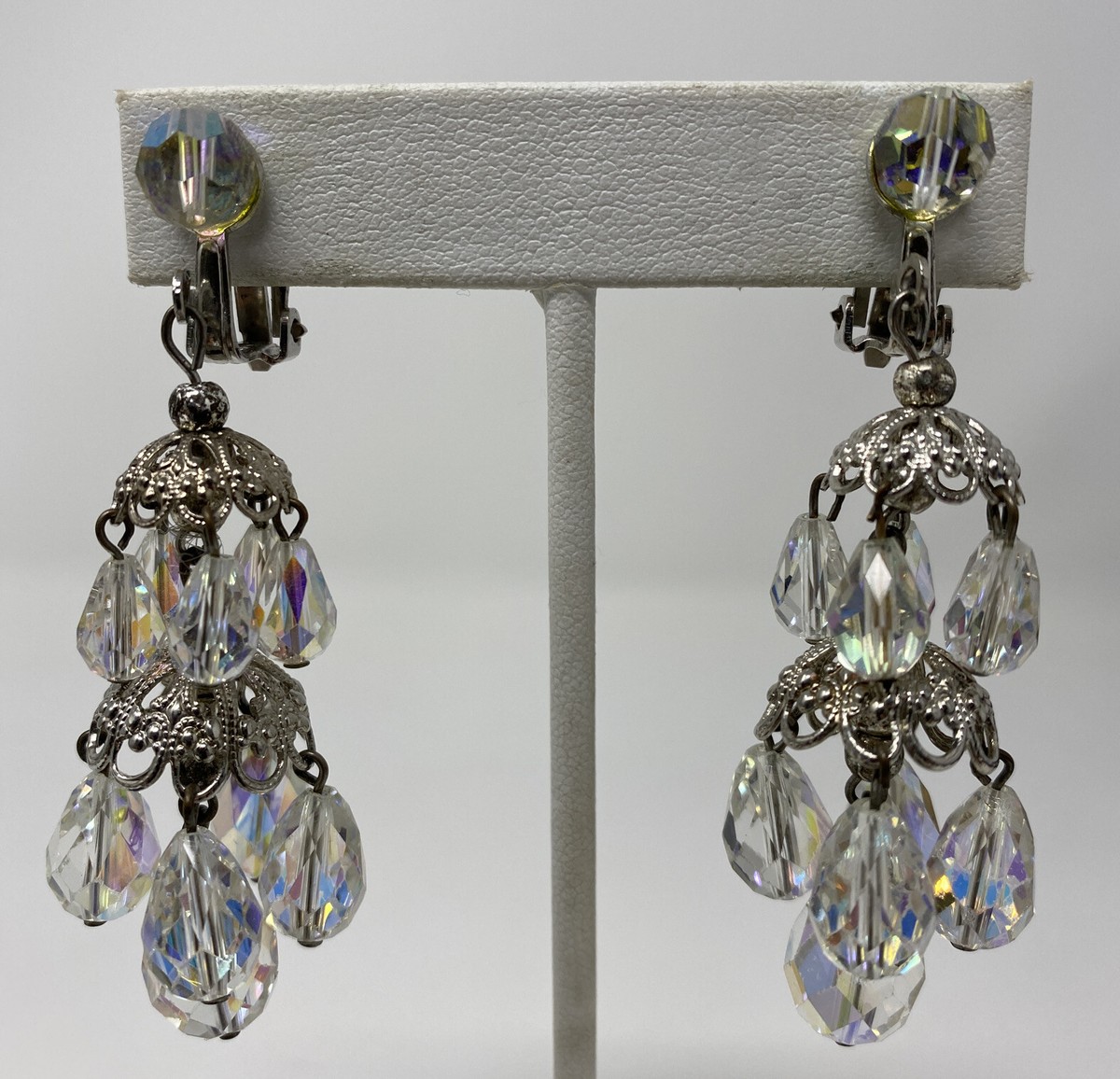 Vintage Iridescent Crystal Chandelier Earrings Long Dangle Clip On