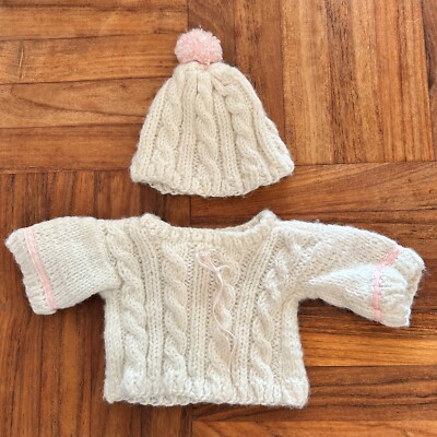 Handmade Knit White with Pink Ribbon Baby Sweater Hat Set