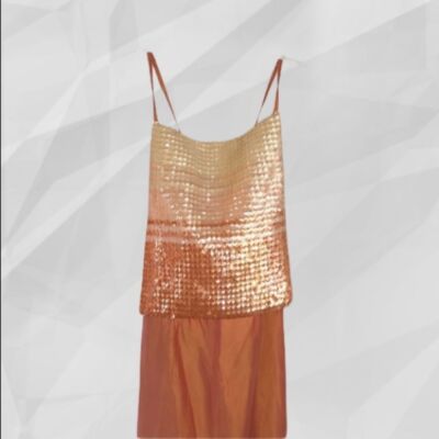 Vintage 90s Frederick's of Hollywood Copper Rose Gold Sequin Maxi Dress 16 Y2K