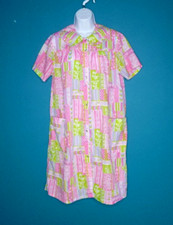 Vtg 60s 70s Pink Green Faux patchwork Snap Front House Dress Duster Robe Sz M/L