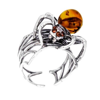 Stunning Silver Spider And  Web Amber Ring