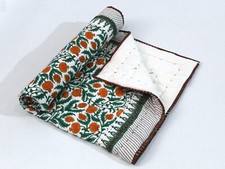 Indian Hand Block Printed Stitched Blanket Cotton Green Orange Floral Quilt US