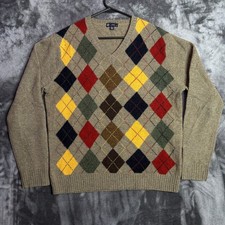 J.Crew Lambswool V-Neck Argyle Sweater Tan Multi Color Pullover Size Medium