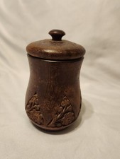 Vintage Wood Jar Carved Holder With Lid Floral Design 5.25" Tall