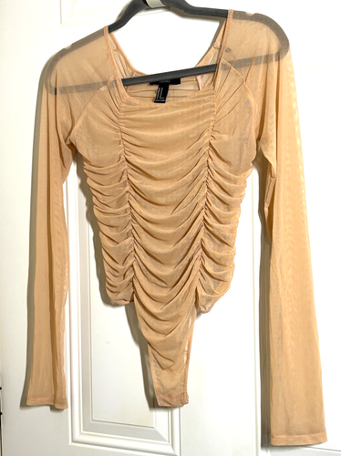 Forever 21 Mesh Long Sleeve Ruched Tan Beige Sheer Bodysuit Women's Size Medium - Picture 5 of 7