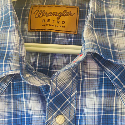 Wrangler Retro Men's L Blue/White Plaid Western Snap Long Sleeve Shirt Pockets
