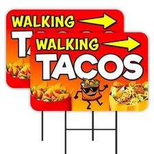 Walking Tacos 2 Pack Double-Sided Yard Signs 16" x 24" with Metal Stakes (Made i