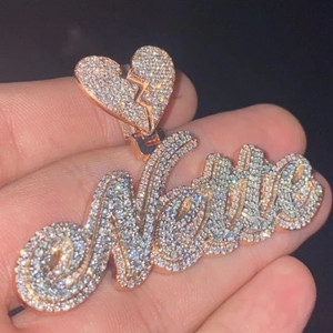 Authentic 3Ct Real Moissanite Broken Heart Custom Letter Pendant 14K Two Tone Gold Plated