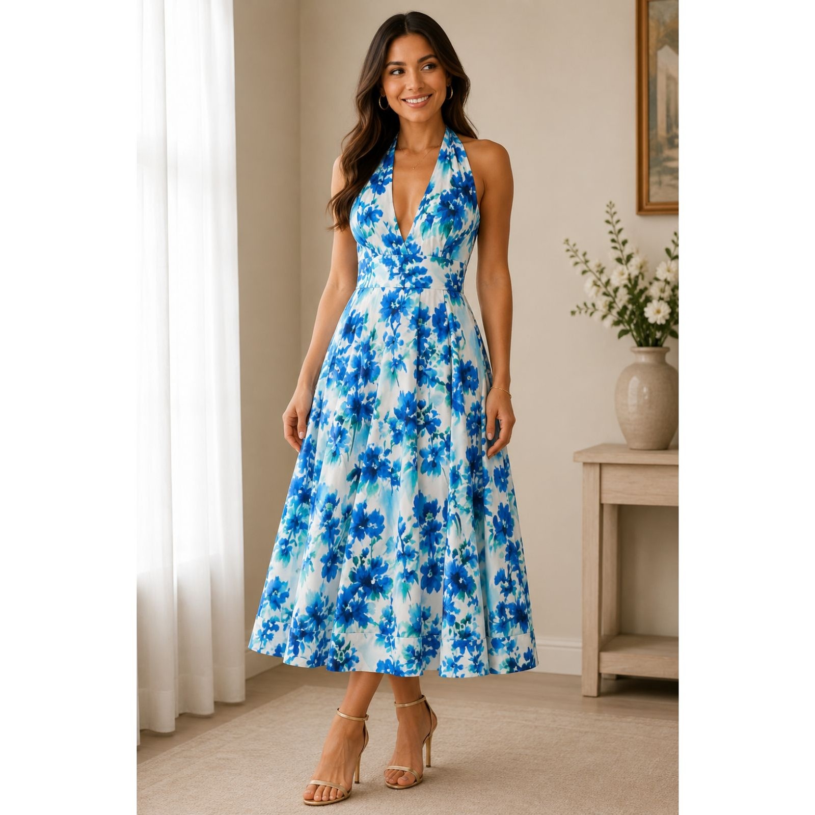 DKNY Blue Floral Halter Midi Dress Size 14 Open Back Cotton  Summer Gorgeous!