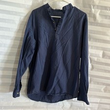 Lingduomao Men's Blue Long Sleeve Shirt Half Button Mandarin Collar Casual