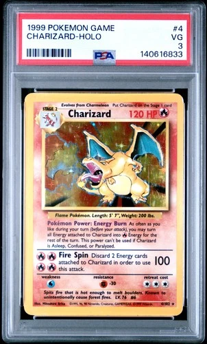 1999 POKEMON BASE SET UNLIMITED #4 CHARIZARD-HOLO PSA 3