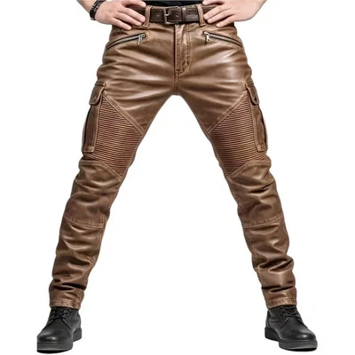 Pantalon en cuir de motard matelassé marron pour hommes | Pantalon en cuir ca... - Photo 1/4