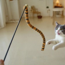 Interactive Cat Teaser Wand Tiger Stripe Ribbon Feather Toy Wand for Kitten Play