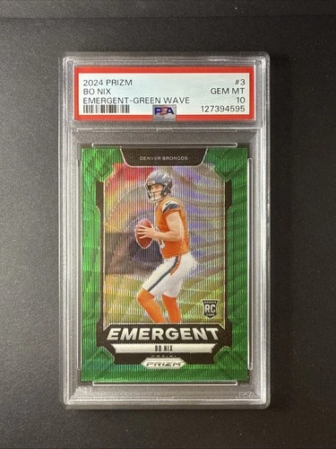 2024 Bo Nix Panini Prizm Emergent Green Wave #3 PSA 10 Gem Mint RC - Broncos