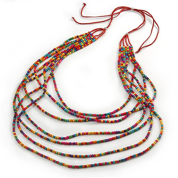 Long Multistrand, Layered Multicoloured Wood Bead Necklace with Red Suede Cord