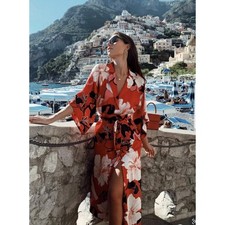 Zara Red White Floral Print Midi Dress Side Slit Women's Small Vacation Hawaii