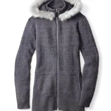 Smartwool Crestone Hooded Sweater Jacket Gray Size Small Merino Wool Faux Fur