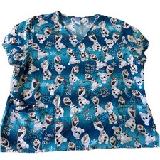 Disney Women's 3XL Scrub Top Frozen Olaf I Melt For You I Give Warm Hugs Blue