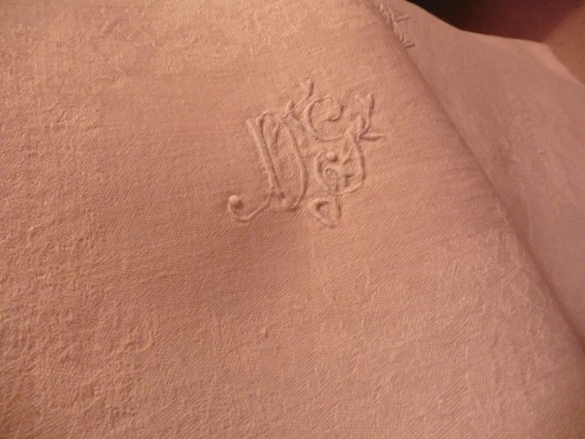 ANCIENNE NAPPE DAMASSE PUR LIN ECRU"OS"OURLETS MAIN 230X153"1900 - Photo 3/4