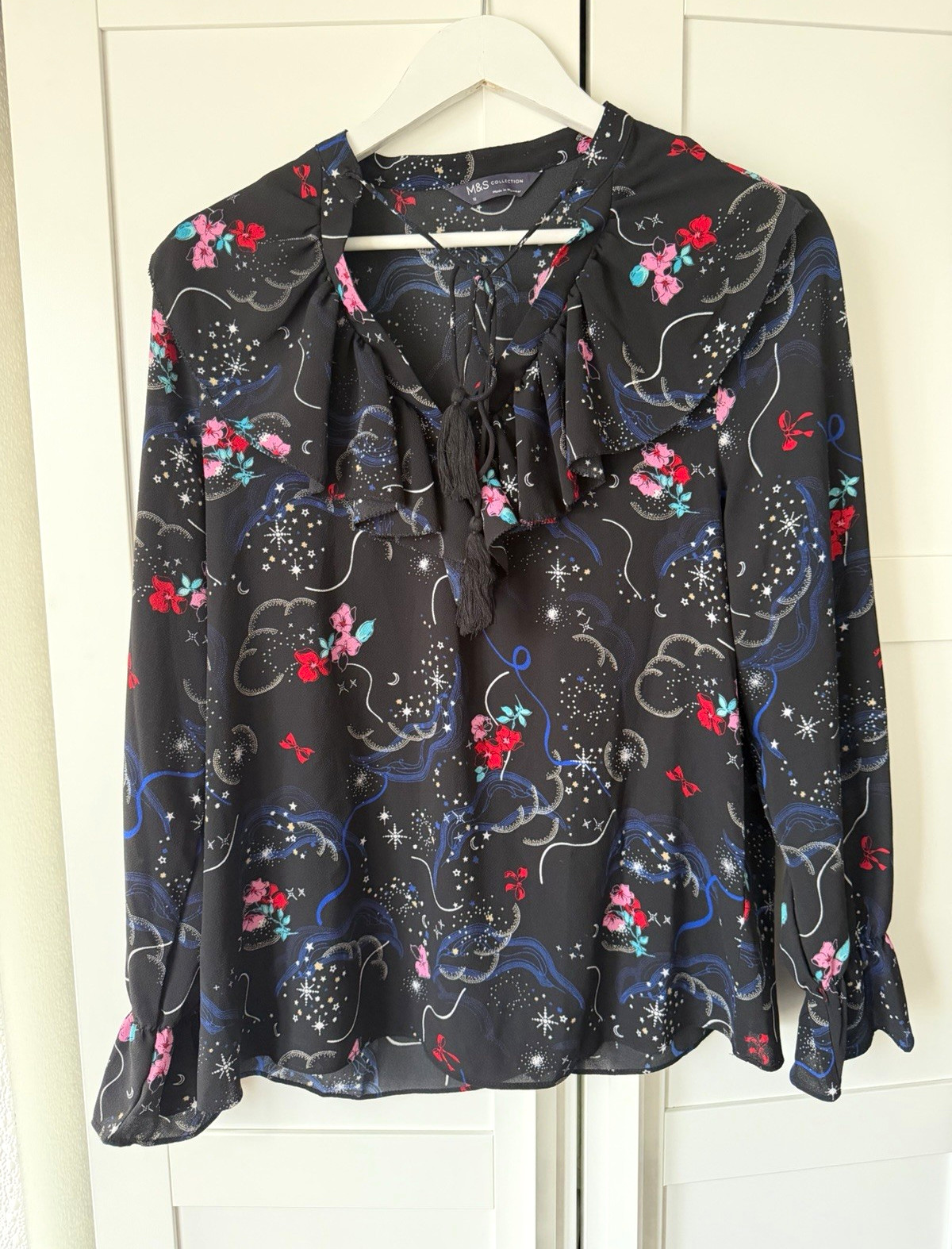 M&S Collection Size 12 Black Multicolour Floral Tie Neck Tassel Ruffle Blouse