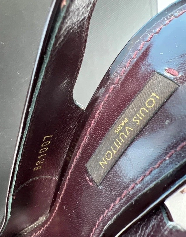 Auth Louis Vuitton Plum Patent Leather Peep Toe Slingback Heels Gold Tone Logo - Image 4 of 4