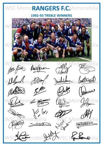 12880. 1992-93 Glasgow Rangers Signed Team Photo Sheet PRINTED AUTOS A4 Treble