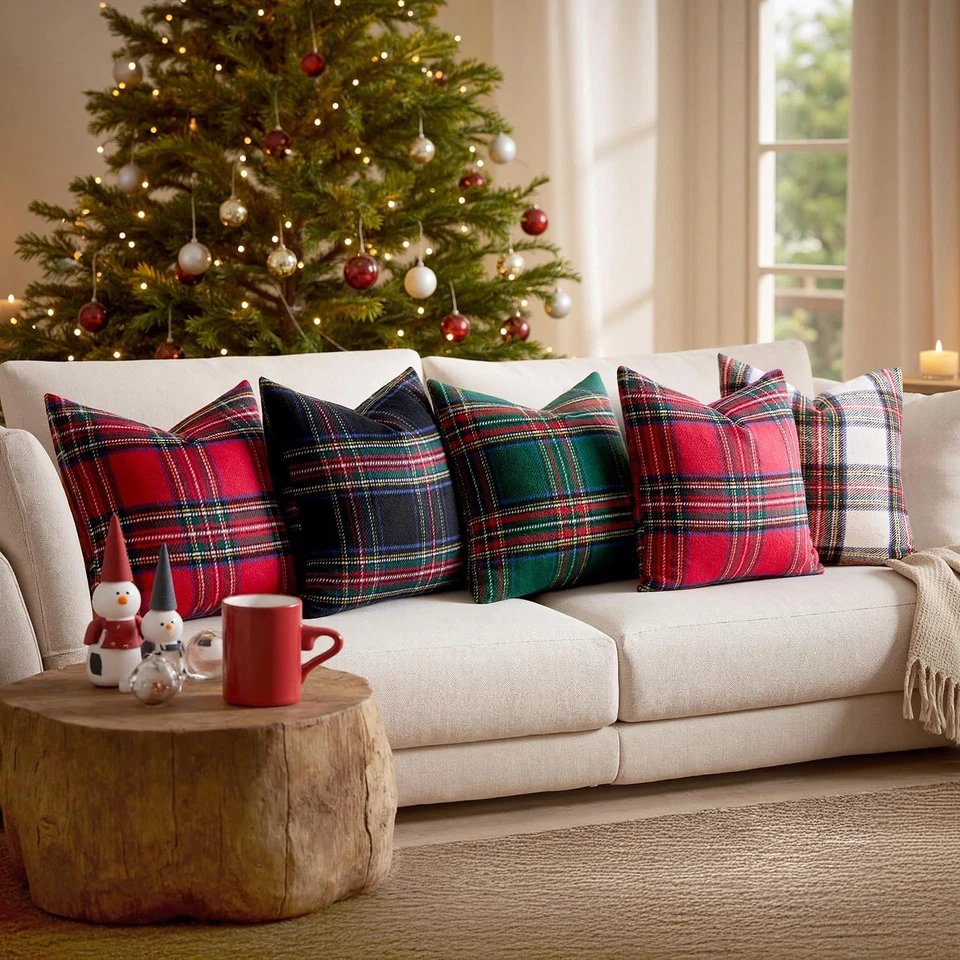 Juego de 2 fundas de almohada decorativas a cuadros de Navidad de tartán escocés vintage Foto 2 de 4