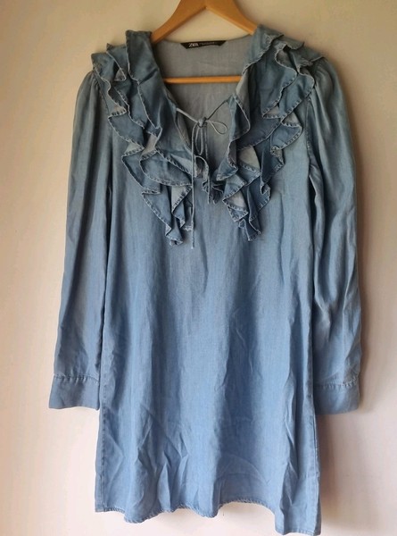 ZARA Ruffled Denim Style Midi Dress Sz EU Large
