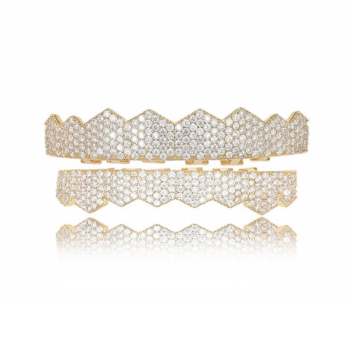 14K Gold Plated CZ Teeth Grillz Hip Hop Top Bottom Mouth Silver Grill Set Custom - Picture 119 of 128