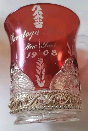 Antique Early 1908 Red Ruby Flash Glass Saratoga New York 3.5 In Mug Cup