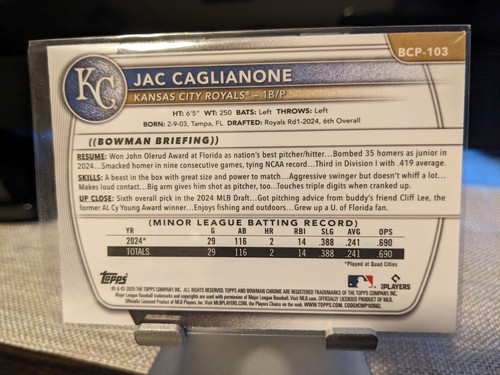 2025 Bowman Chrome Jac Caglianone #BCP-103 Mega Box Mojo Refractor Royals SP π - Picture 2 of 2