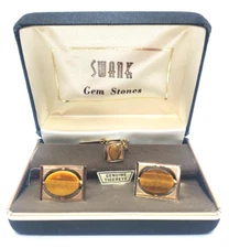 Swank Tiger Eye Cufflinks an Tie Pin Set Gold Tone Wedding Tux Vintage Stylish