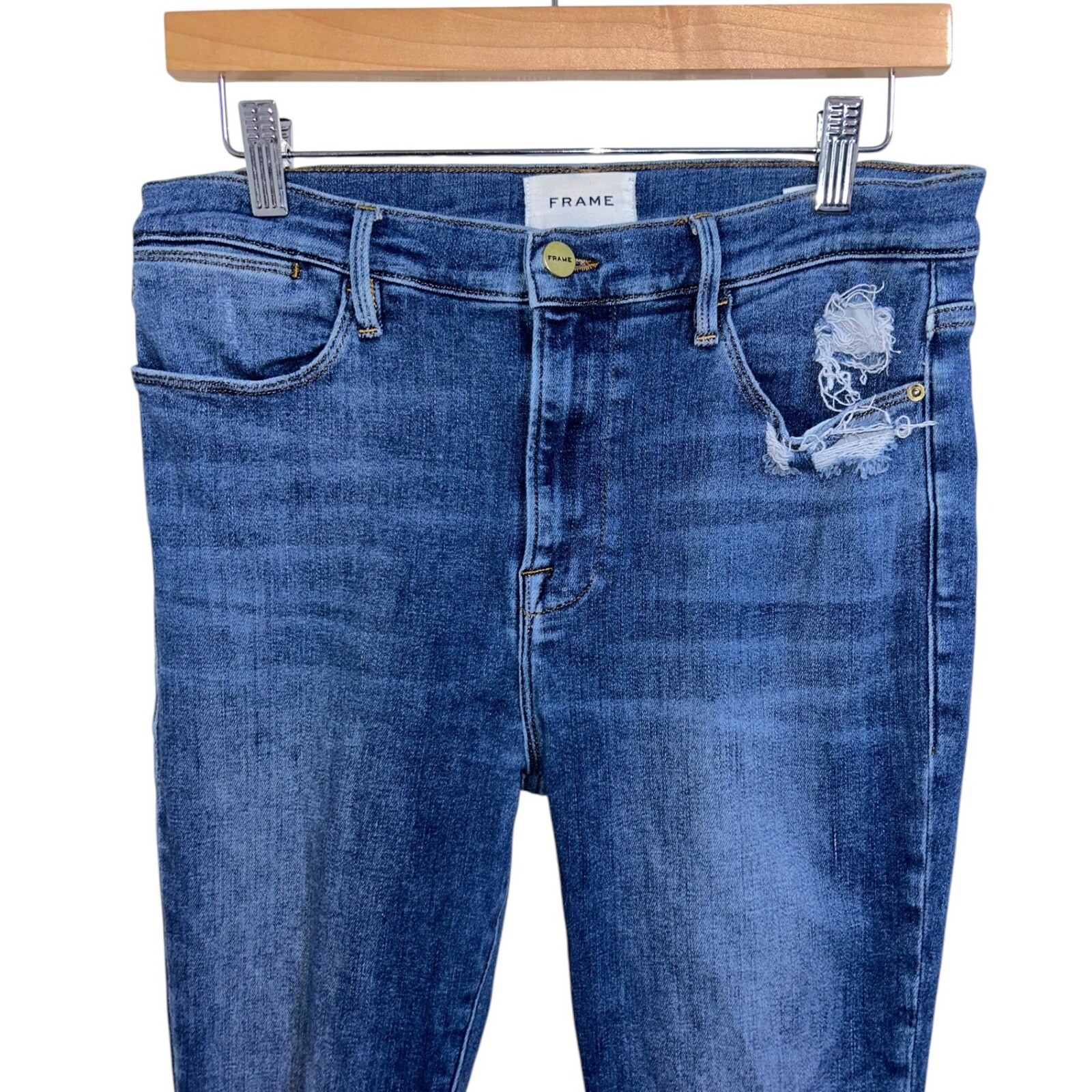 FRAME Le High Skinny Jeans Distressed Denim Preppy Minimalist Chic Blue Size 30