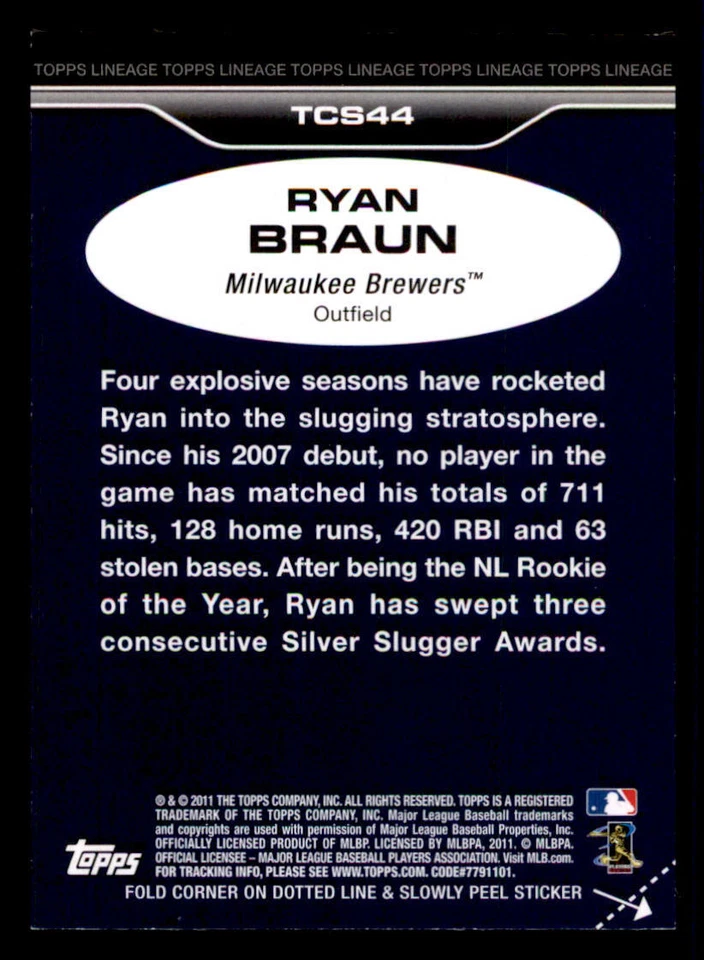 2011 Topps Lineage Cloth Stickers #TCS44 Ryan Braun - Image 2 of 2