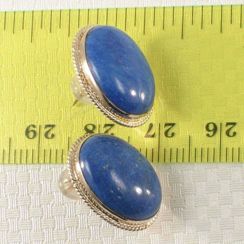 14k Solid Yellow Gold Genuine Oval Cabochon Lapis Lazuli Stud Earrings - Picture 4 of 6