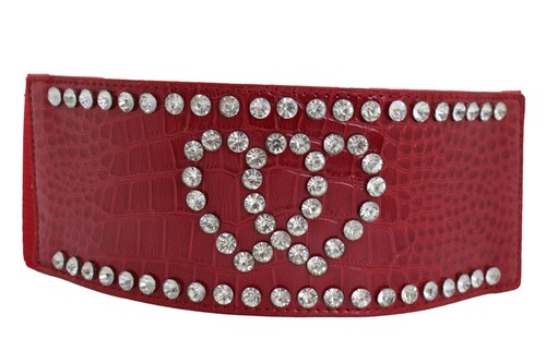 Women Red Elastic Wide Belt Hip High Waist Silver Heart Love Friendship Size S M - Picture 6 of 23