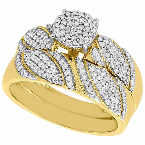 Lab Created Diamond Wedding Bridal Set 10K Yellow Gold Over Leaf Engagement Ring - Picture 5 of 11