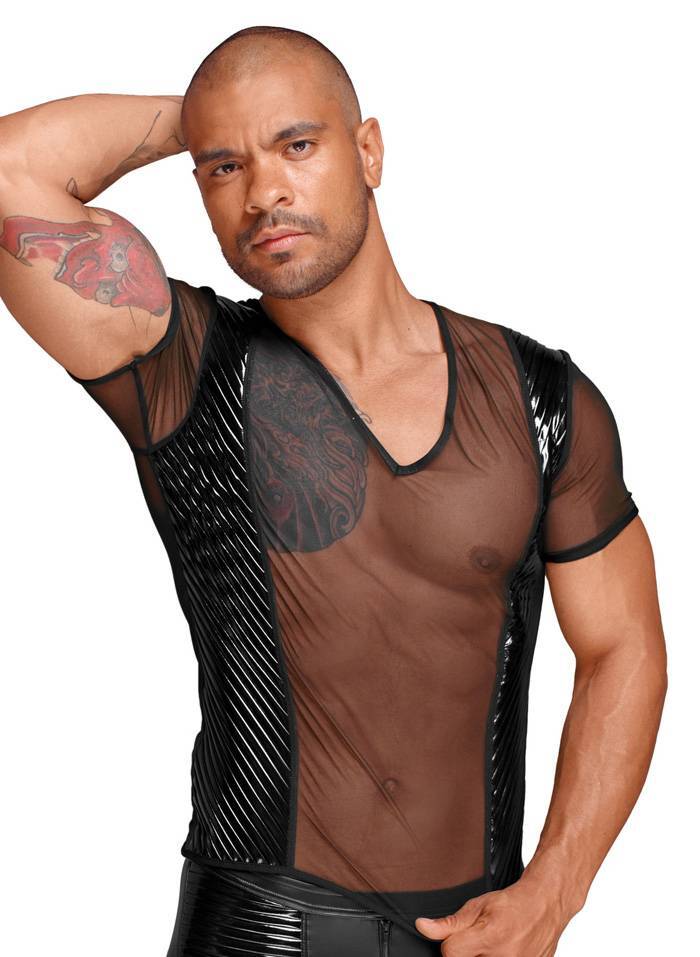 Noir Handmade - Camiseta De Tul Transparente Y Elegante Con Charol Negro - S-3XL