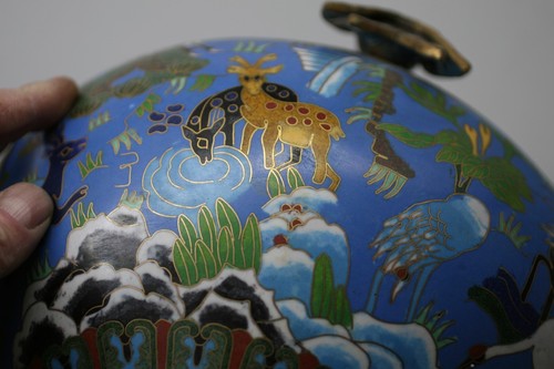 8" TALL Chinese bronze Cloisonne Feng Shui pot crock jar GA - Picture 9 of 12