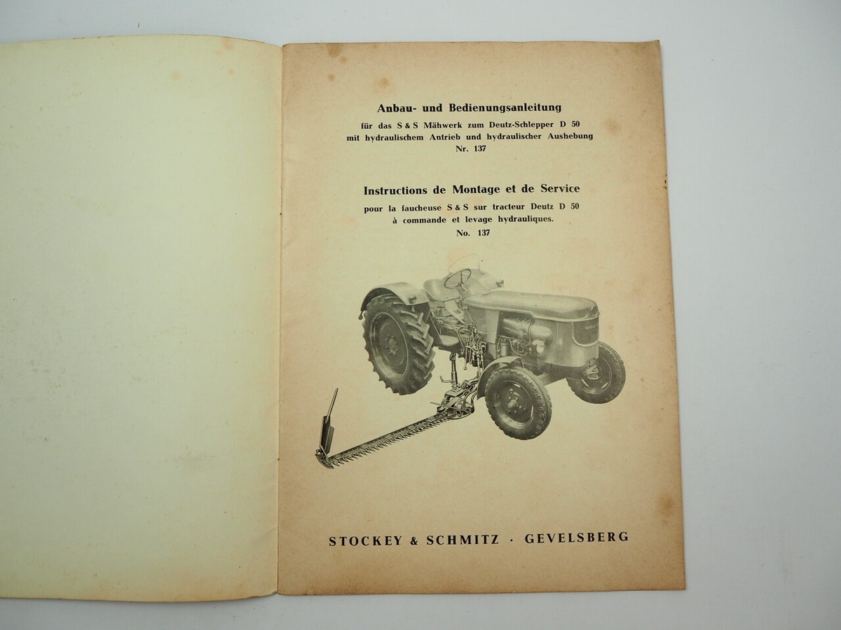 S&S Mähwerk für Deutz D50 Schlepper Bedienungsanleitung Anbau 1964