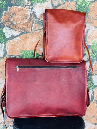 Men Real Goat Leather Vintage Brown Messenger Shoulder Laptop Free i Paid Bag - Picture 2 of 6