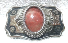 Small Light Color Red Stone Silver Flower Western Belt Buckle Great Vintage  